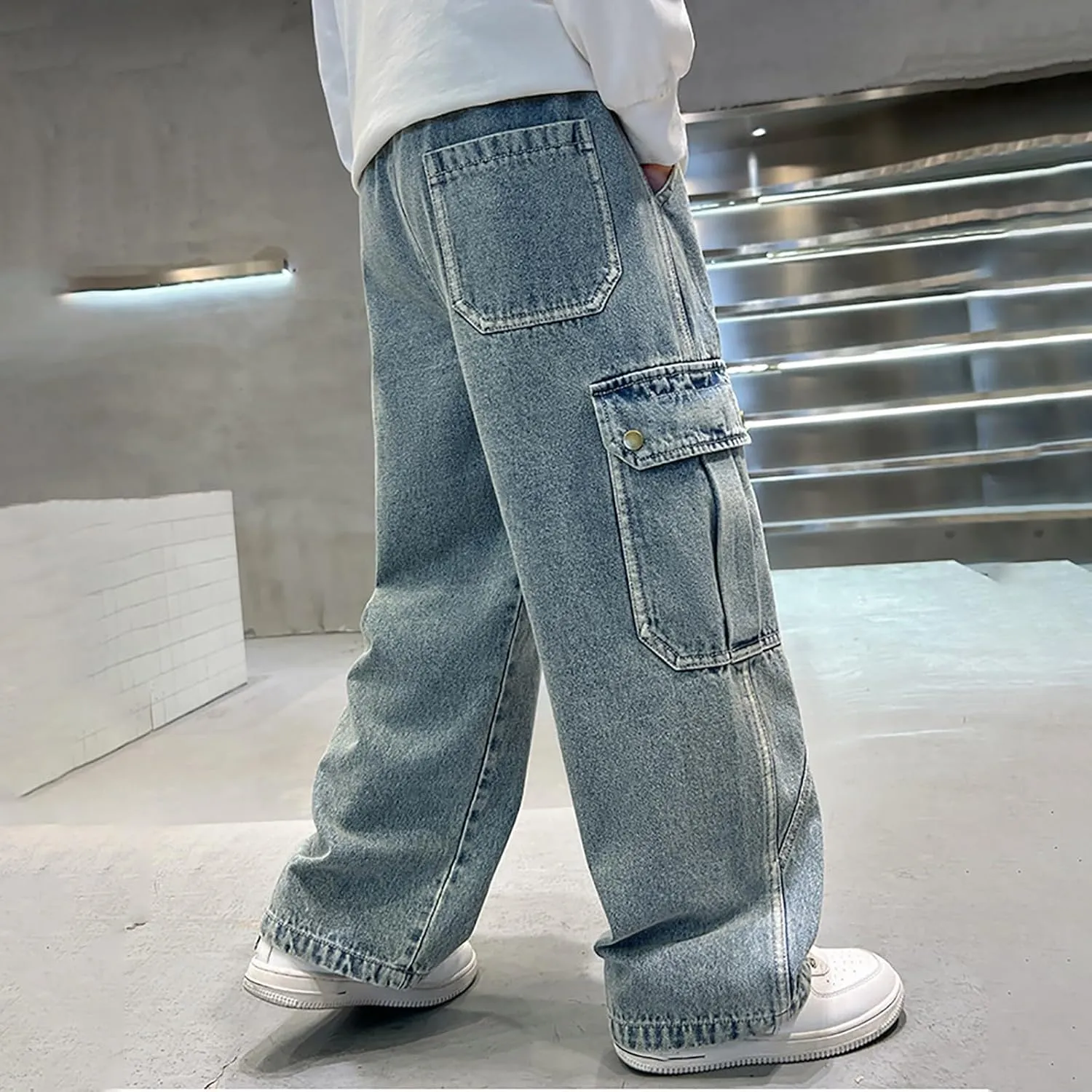 Wide Leg Cargo Jeans for Boy Baggy Elastic High Waist Loose Fit Denim Pants with Pockets Trendy 4-14 Years Kids Trousers
