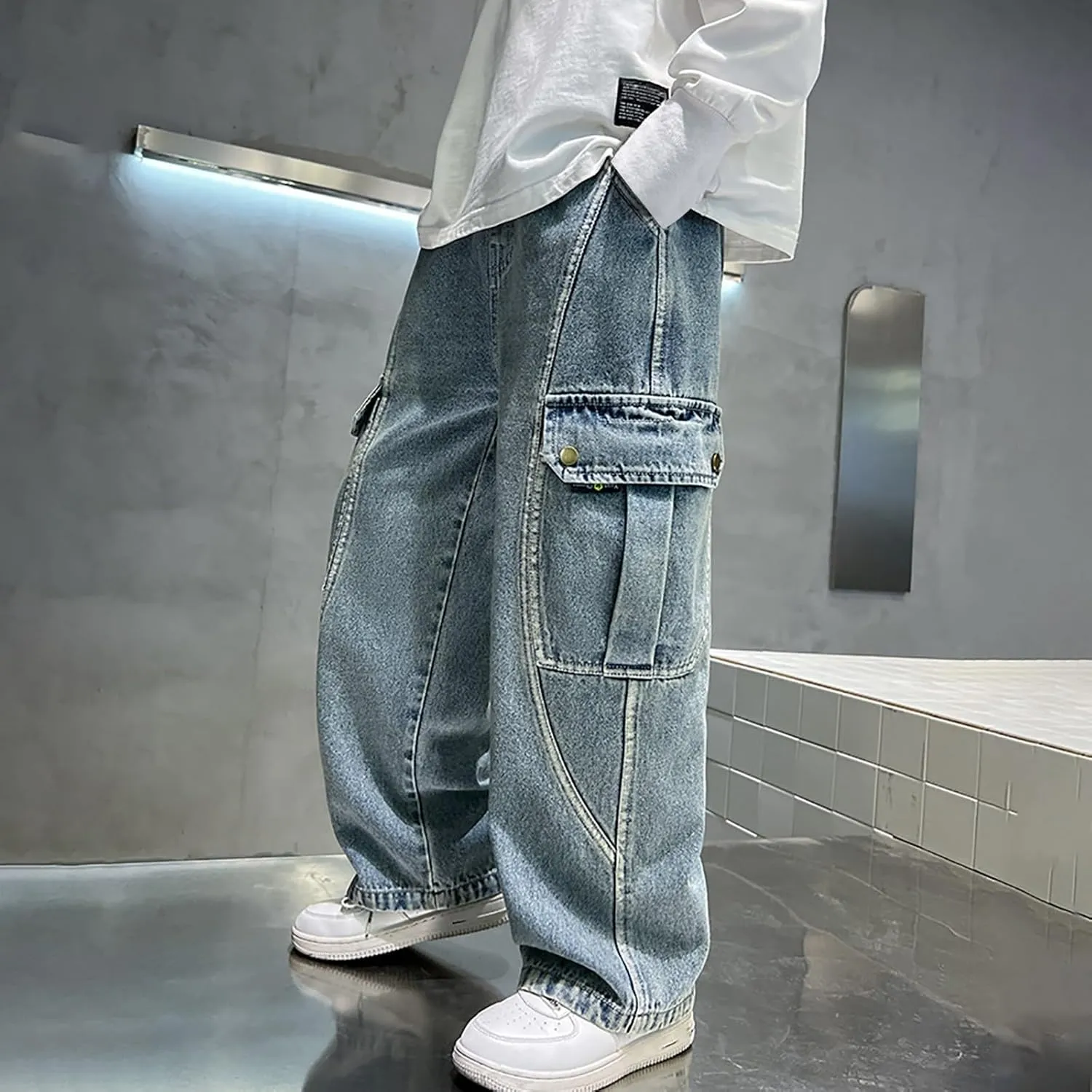 Wide Leg Cargo Jeans for Boy Baggy Elastic High Waist Loose Fit Denim Pants with Pockets Trendy 4-14 Years Kids Trousers