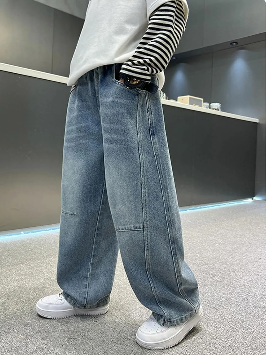 Wide Leg High Waist Jeans Boys Kids 4-13 Years Casual Summer Denim Pants with Pockets Baggy Wash Distressed Trousers