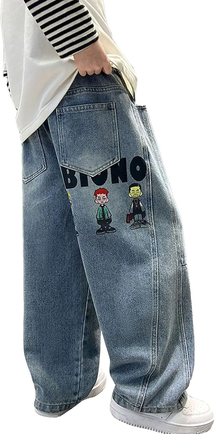 Wide Leg High Waist Jeans Boys Kids 4-13 Years Casual Summer Denim Pants with Pockets Baggy Wash Distressed Trousers