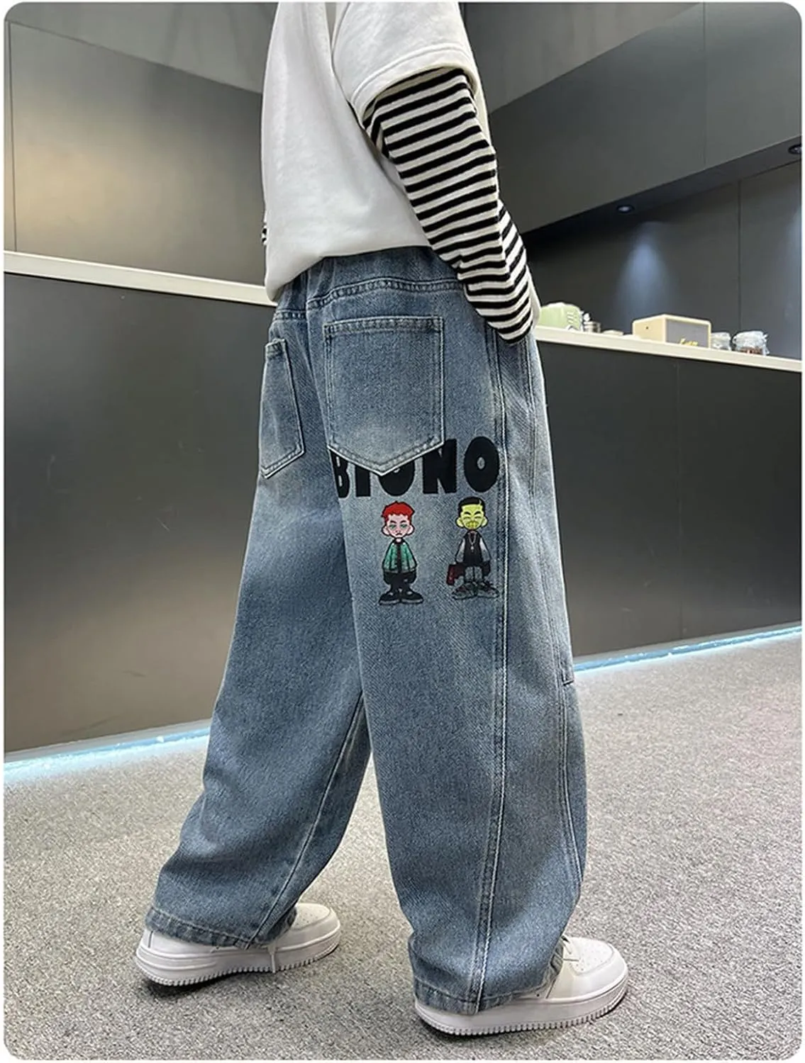 Wide Leg High Waist Jeans Boys Kids 4-13 Years Casual Summer Denim Pants with Pockets Baggy Wash Distressed Trousers