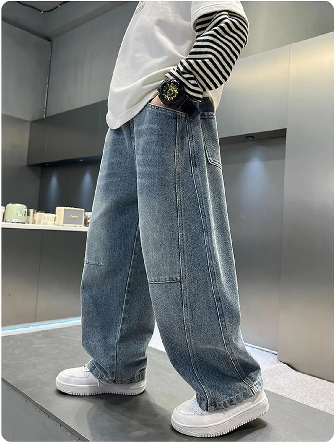 Wide Leg High Waist Jeans Boys Kids 4-13 Years Casual Summer Denim Pants with Pockets Baggy Wash Distressed Trousers