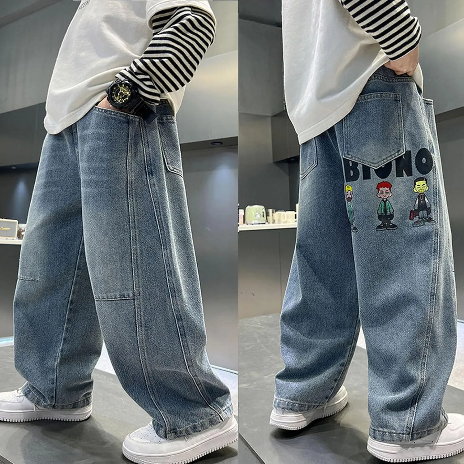 Wide Leg High Waist Jeans Boys Kids 4-13 Years Casual Summer Denim Pants with Pockets Baggy Wash Distressed Trousers