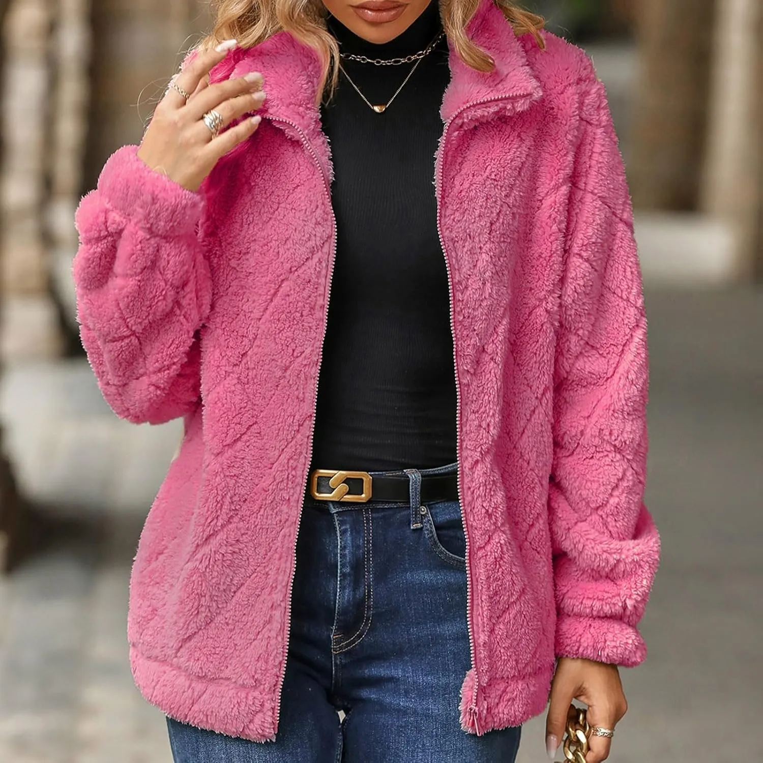 Winter Coats for Women Jackets Patchwork Fuzzy Fleece Zip Up Jacket Long Sleeve Sherpa Coat Outerwear with Pockets