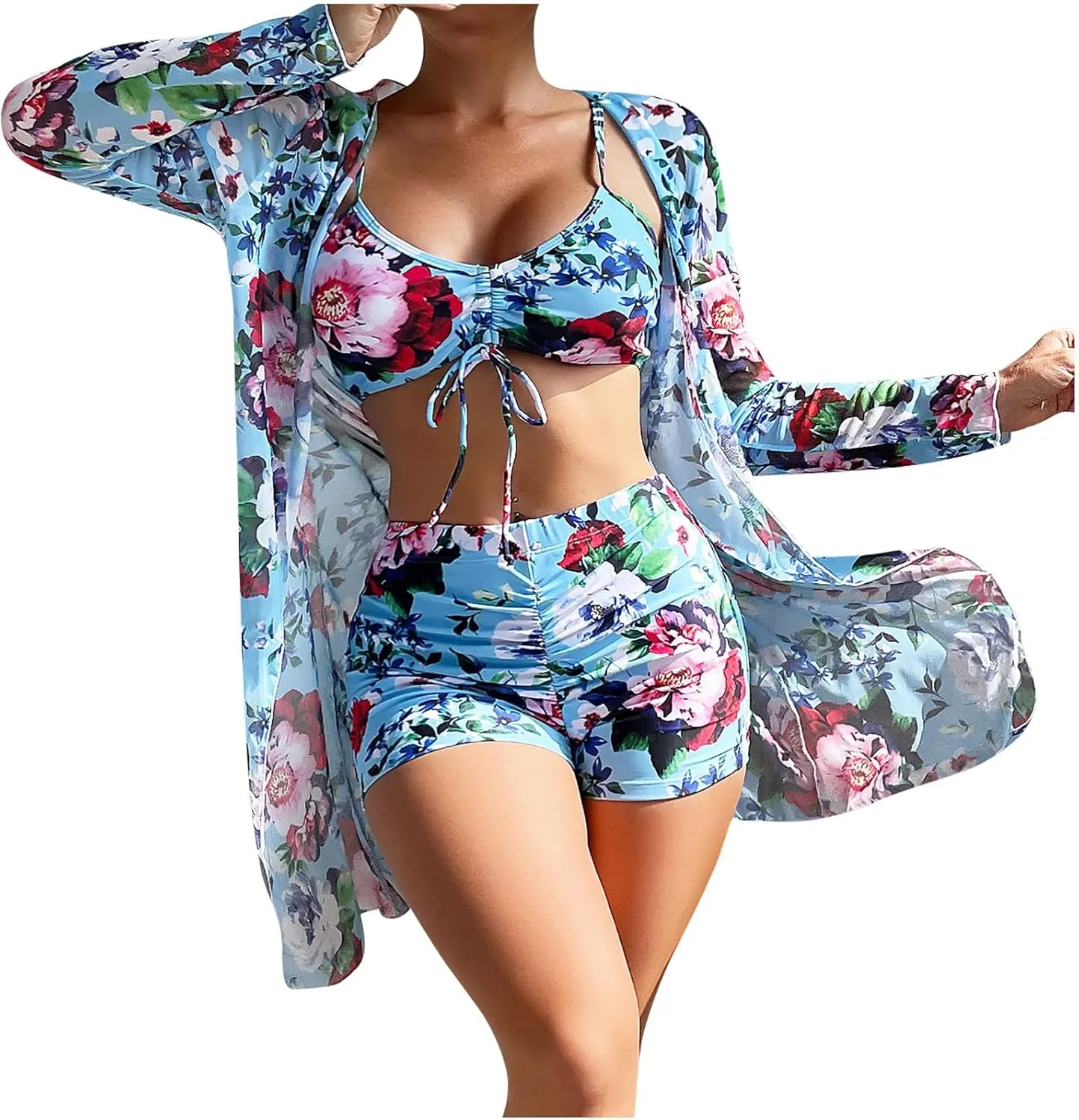 Women Bathing Suit 3 Piece Swimsuit Drawstring Bikini Set Long Sleeve Beach Cover Up Boho Swimwear Set with Boy Shorts