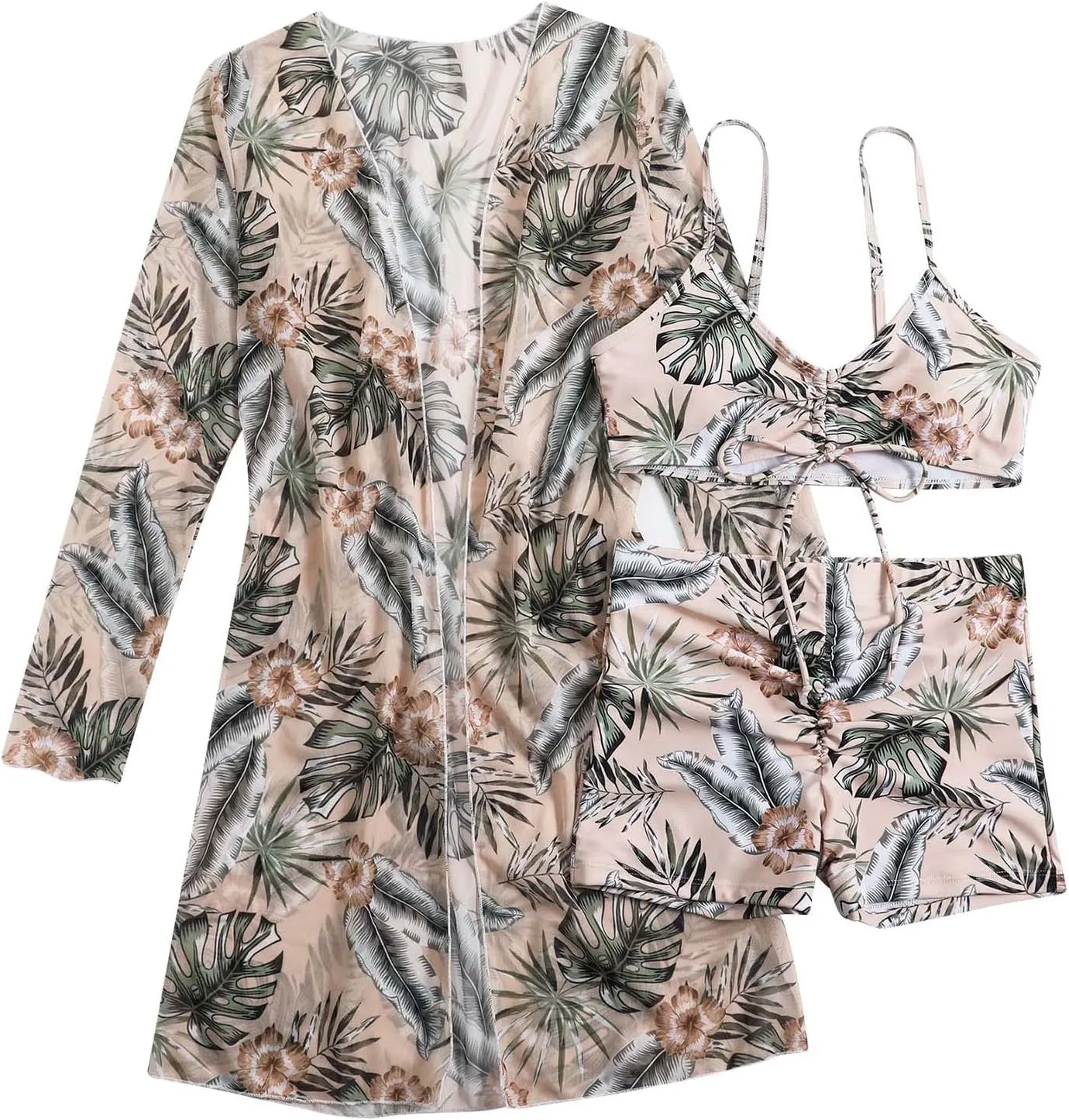 Women Bathing Suit 3 Piece Swimsuit Drawstring Bikini Set Long Sleeve Beach Cover Up Boho Swimwear Set with Boy Shorts