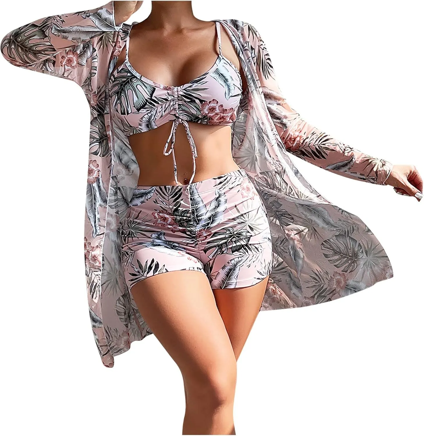 Women Bathing Suit 3 Piece Swimsuit Drawstring Bikini Set Long Sleeve Beach Cover Up Boho Swimwear Set with Boy Shorts