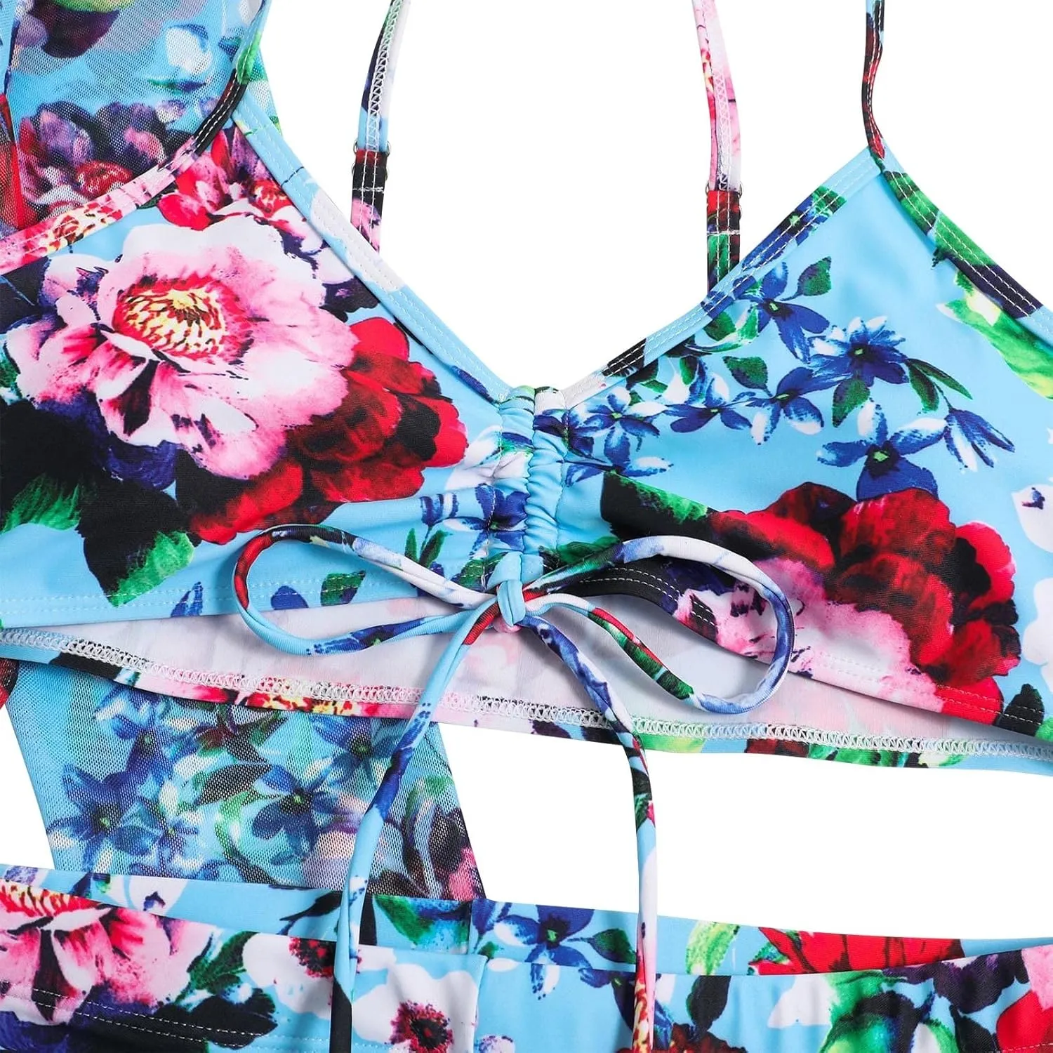Women Bathing Suit 3 Piece Swimsuit Drawstring Bikini Set Long Sleeve Beach Cover Up Boho Swimwear Set with Boy Shorts