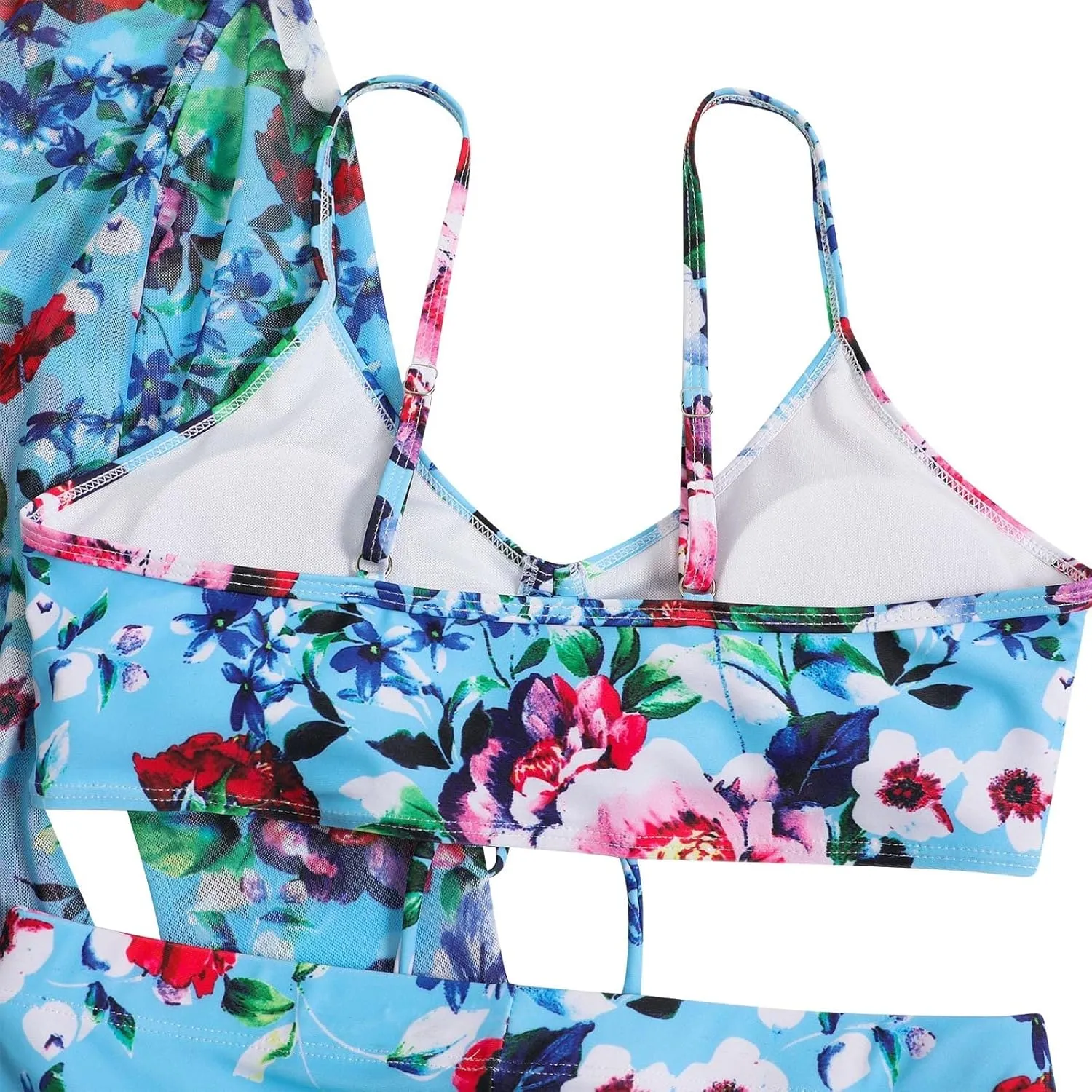 Women Bathing Suit 3 Piece Swimsuit Drawstring Bikini Set Long Sleeve Beach Cover Up Boho Swimwear Set with Boy Shorts