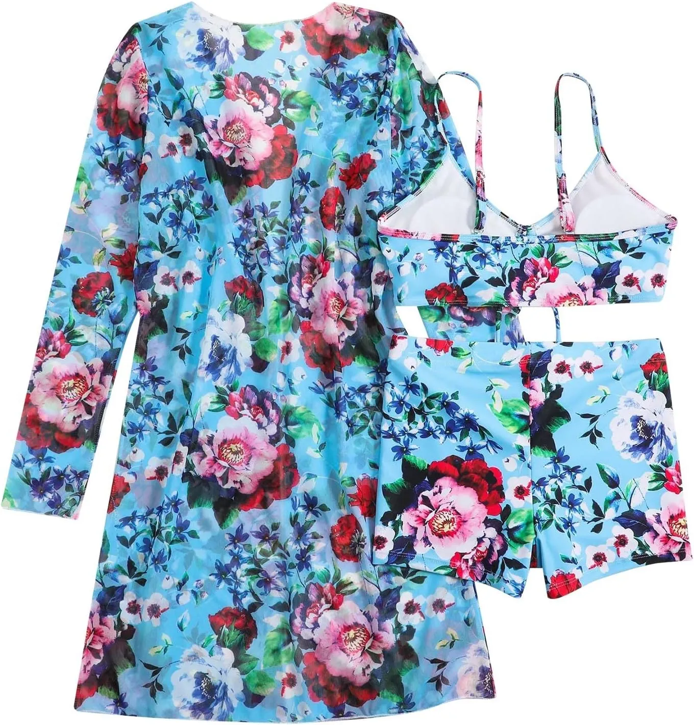 Women Bathing Suit 3 Piece Swimsuit Drawstring Bikini Set Long Sleeve Beach Cover Up Boho Swimwear Set with Boy Shorts