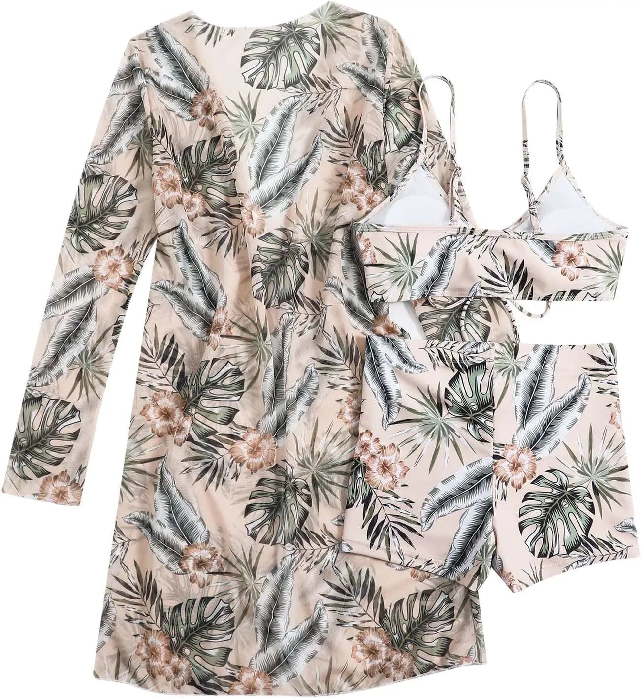 Women Bathing Suit 3 Piece Swimsuit Drawstring Bikini Set Long Sleeve Beach Cover Up Boho Swimwear Set with Boy Shorts