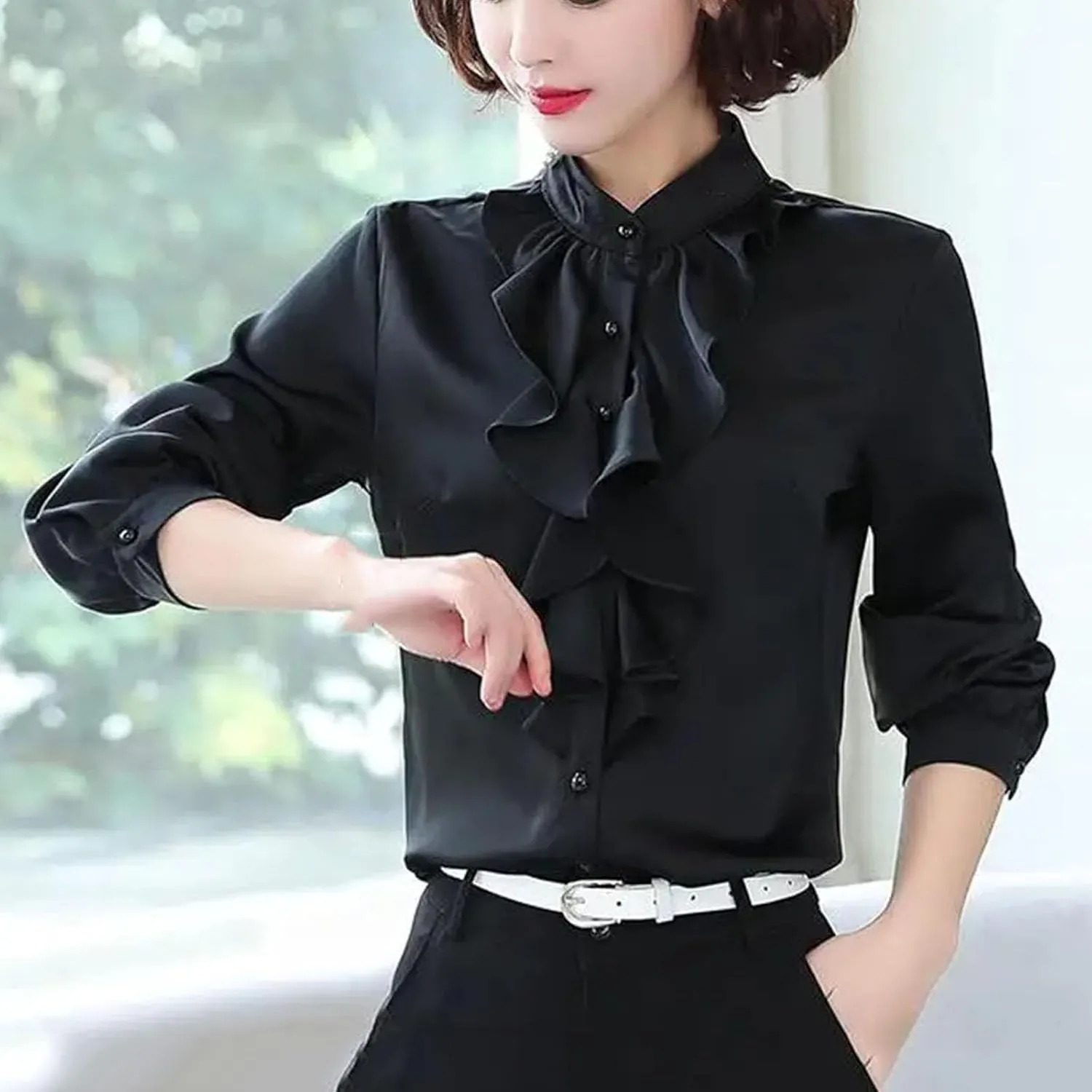 Women Buttons Solid Color Half Height Collar Shirts Ruffles Clothes Shirts