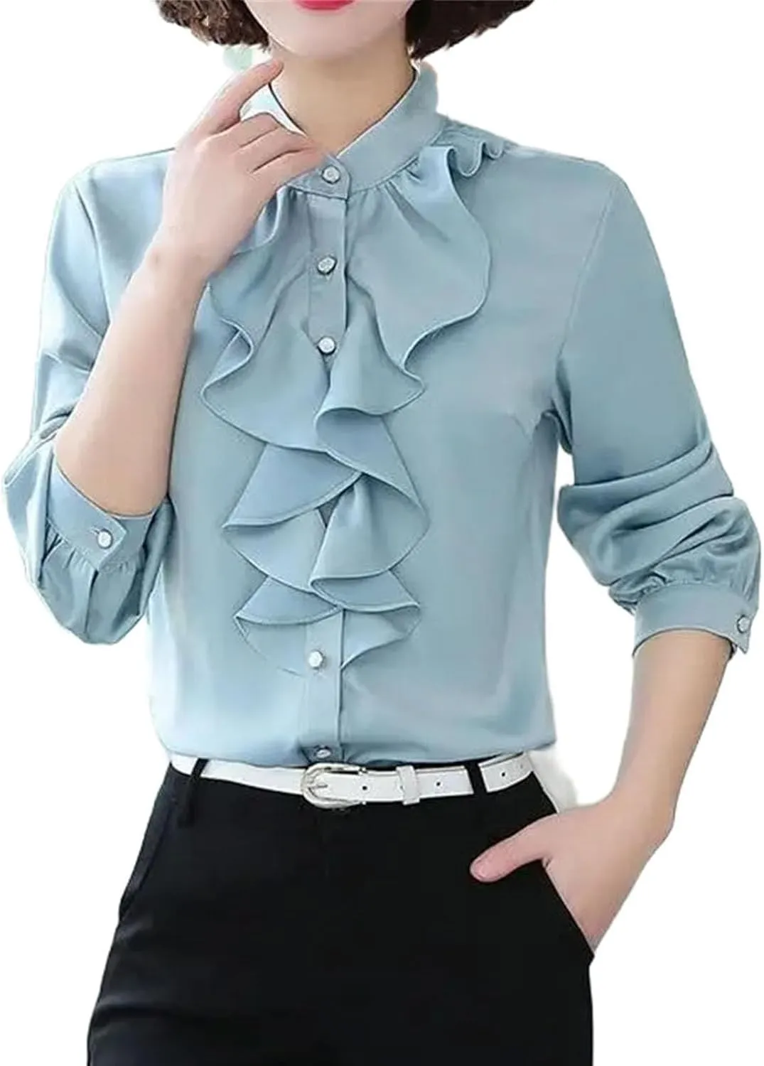 Women Buttons Solid Color Half Height Collar Shirts Ruffles Clothes Shirts