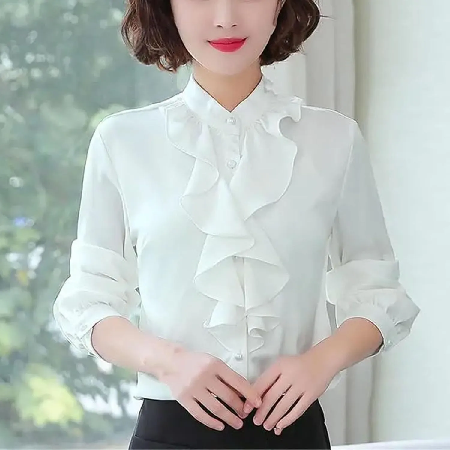 Women Buttons Solid Color Half Height Collar Shirts Ruffles Clothes Shirts