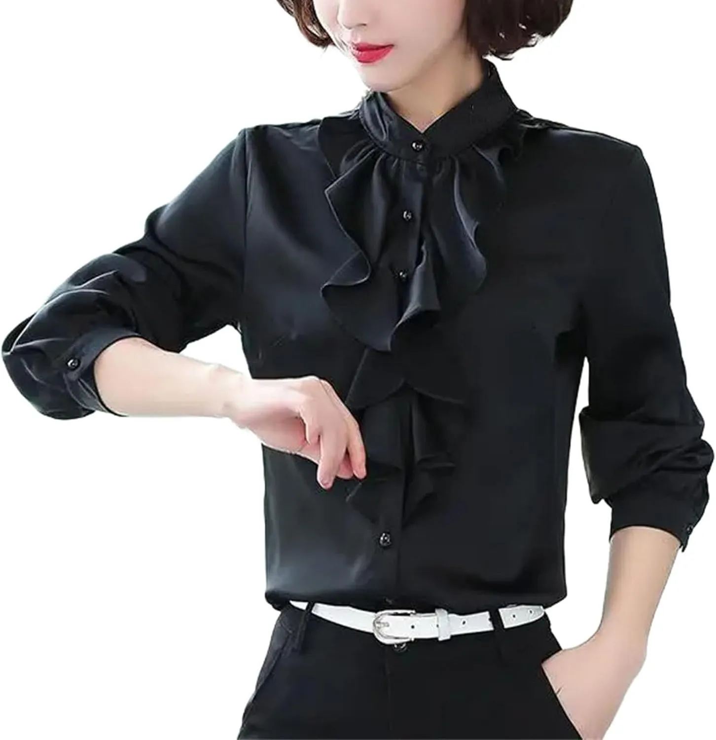 Women Buttons Solid Color Half Height Collar Shirts Ruffles Clothes Shirts