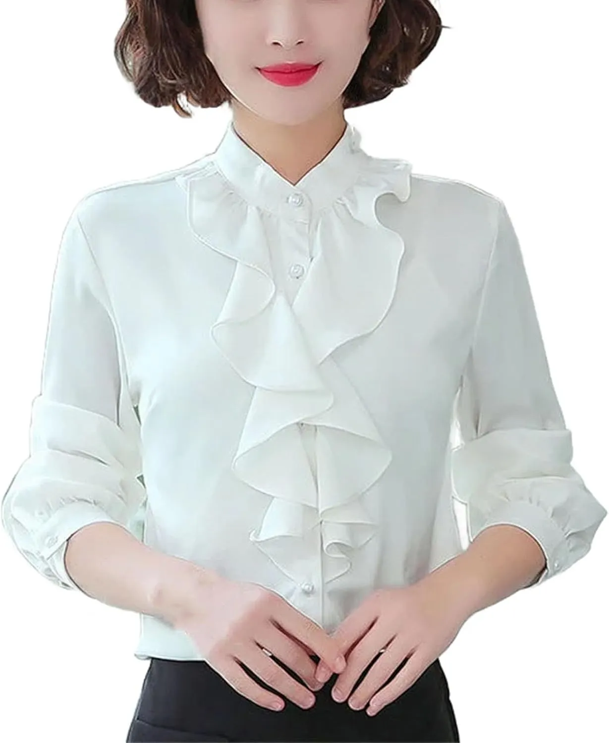 Women Buttons Solid Color Half Height Collar Shirts Ruffles Clothes Shirts