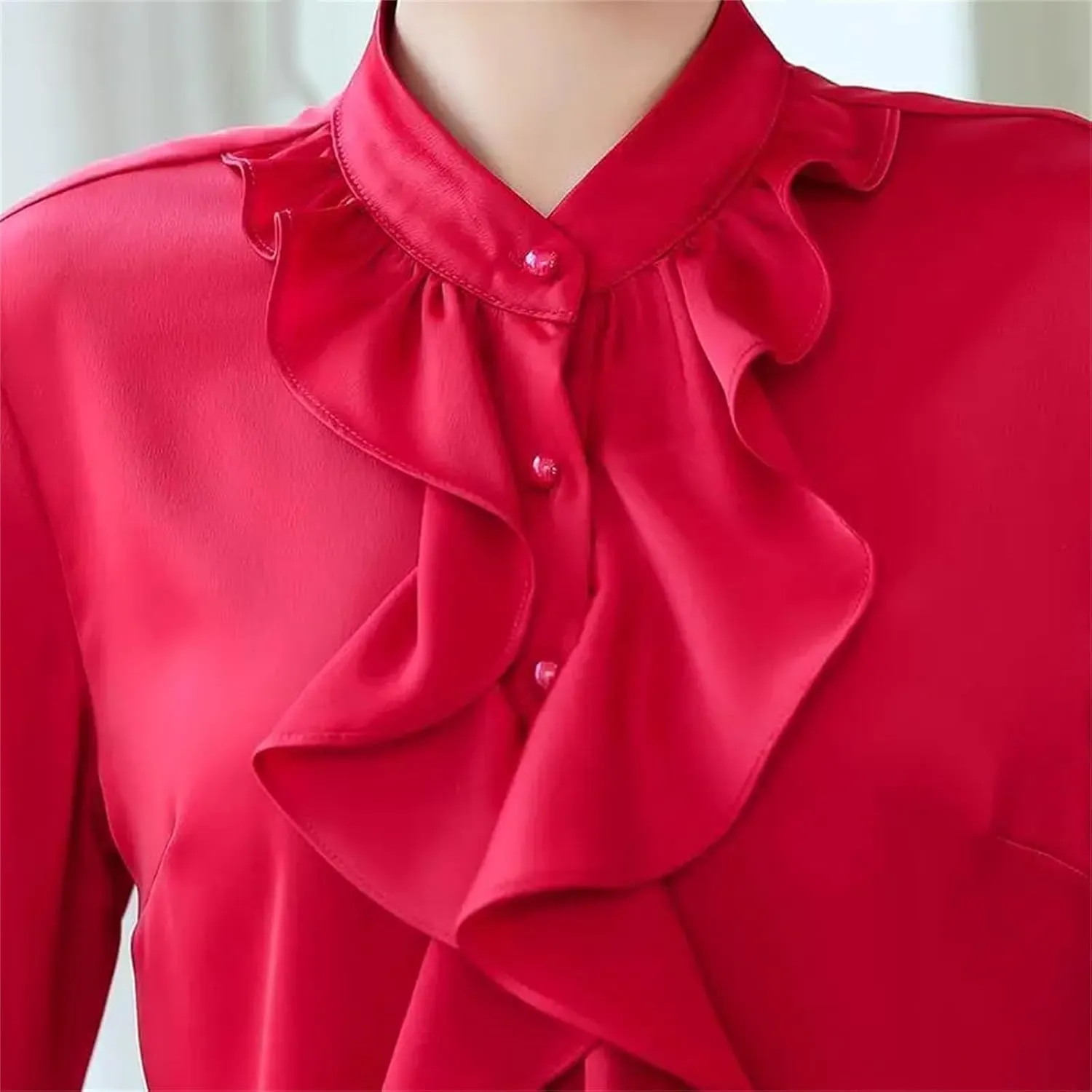 Women Buttons Solid Color Half Height Collar Shirts Ruffles Clothes Shirts