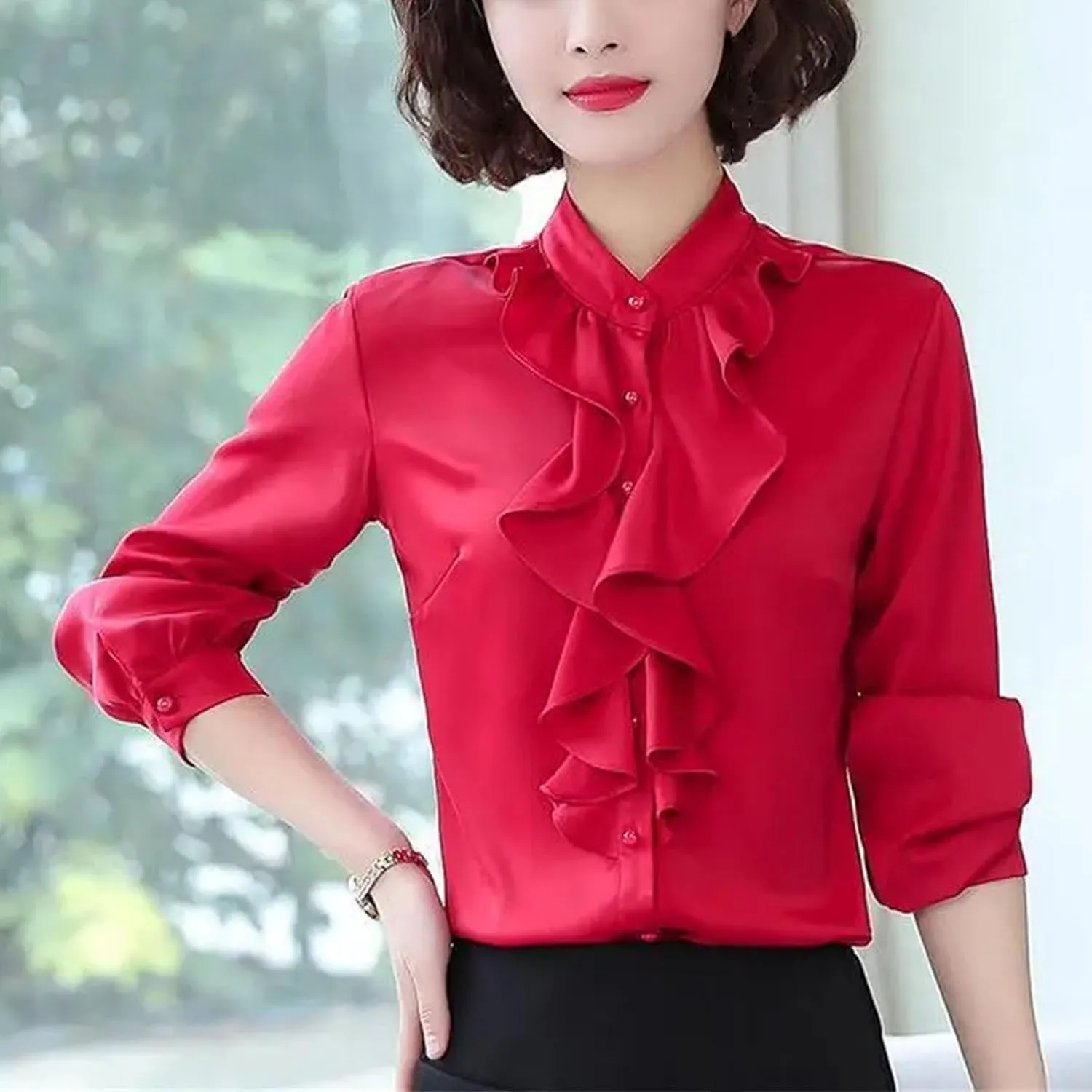Women Buttons Solid Color Half Height Collar Shirts Ruffles Clothes Shirts