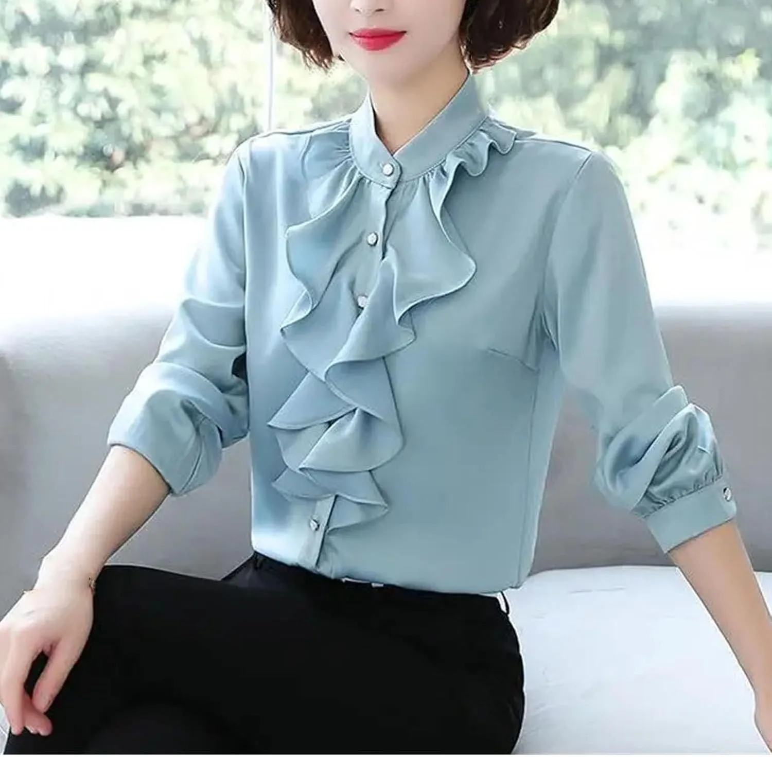 Women Buttons Solid Color Half Height Collar Shirts Ruffles Clothes Shirts