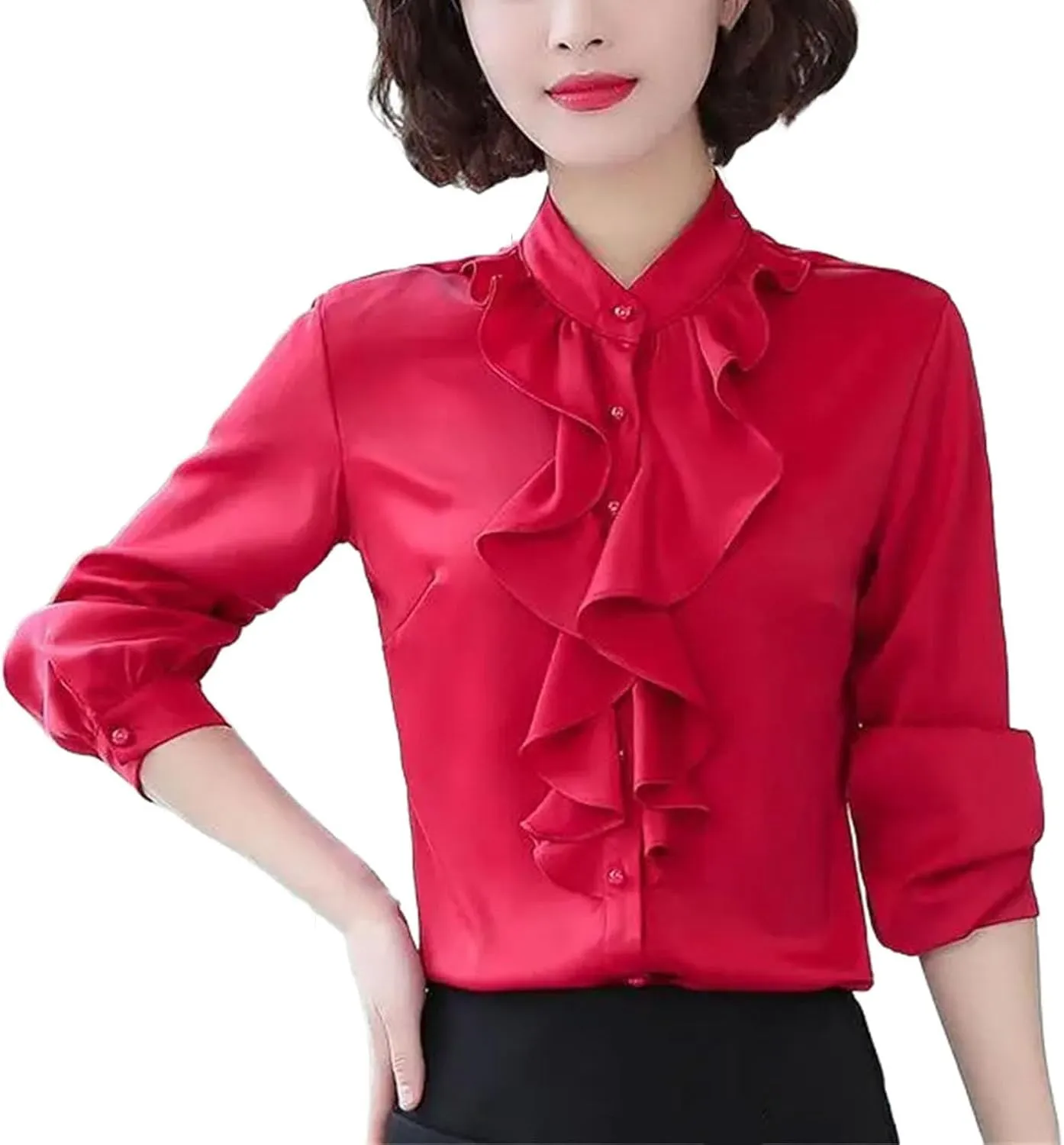 Women Buttons Solid Color Half Height Collar Shirts Ruffles Clothes Shirts