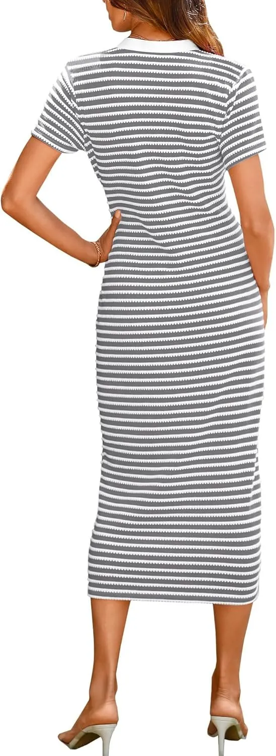 Women Casual Summer Dresses Button Striped Short Sleeve Midi Dresses V Neck Ribbed Knit Dresses Party Dress