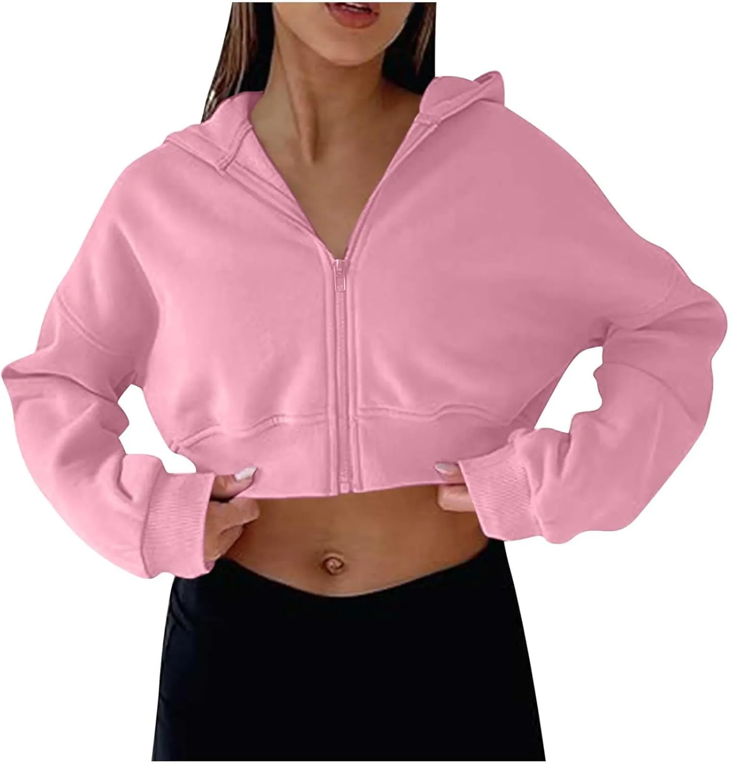 Women Cropped Hoodies Trendy Zip Up Sweatshirts Fashion Preppy Clothes Fleece Lined Crop Tops Casual Fall Sweatshirt