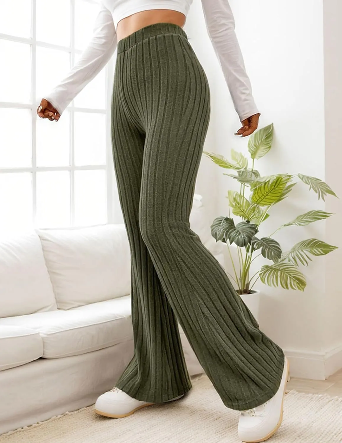 Women Flare Leggings Yoga Pants High-Waisted Casual Lounge Pants Ribbed Comfy Leggings