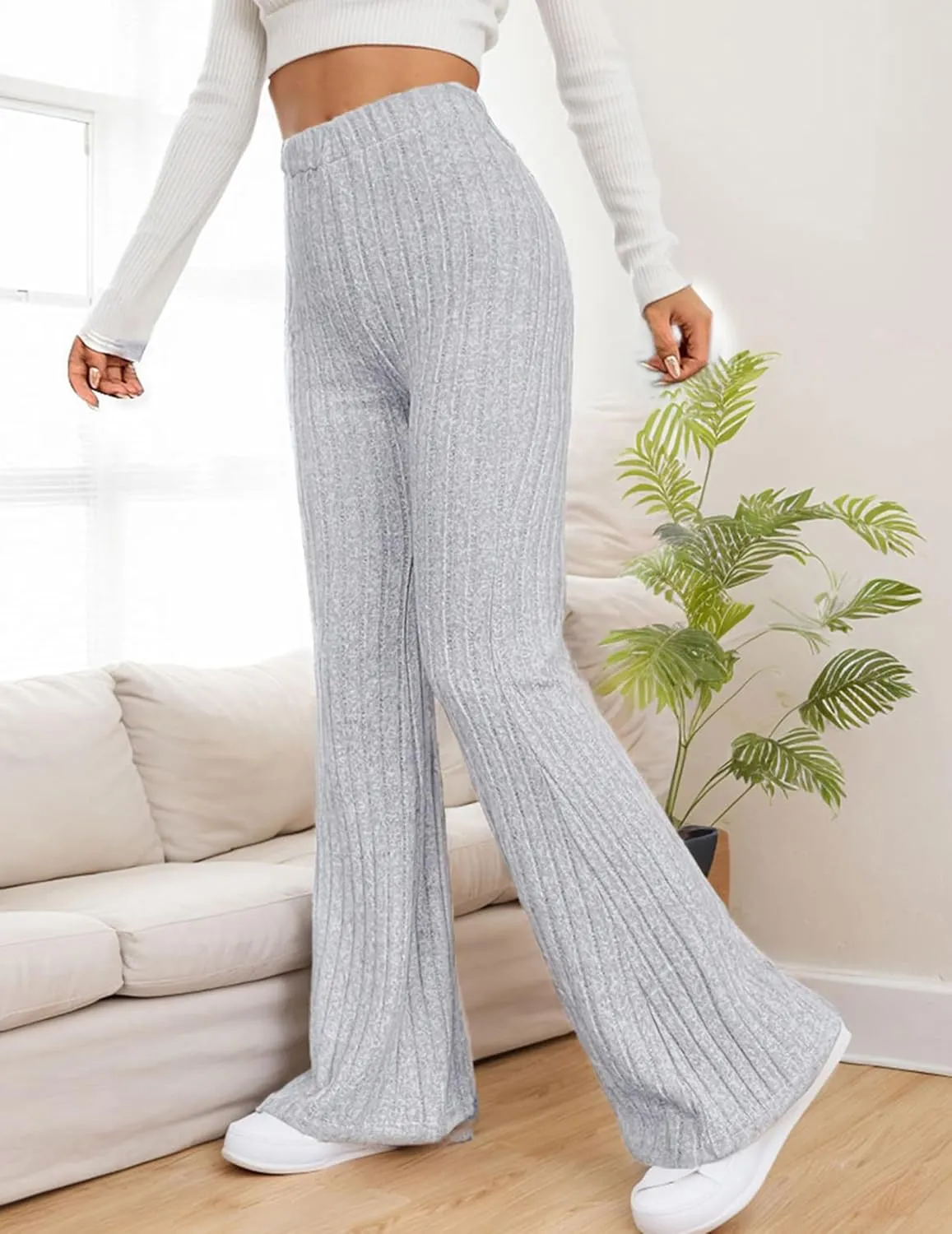 Women Flare Leggings Yoga Pants High-Waisted Casual Lounge Pants Ribbed Comfy Leggings