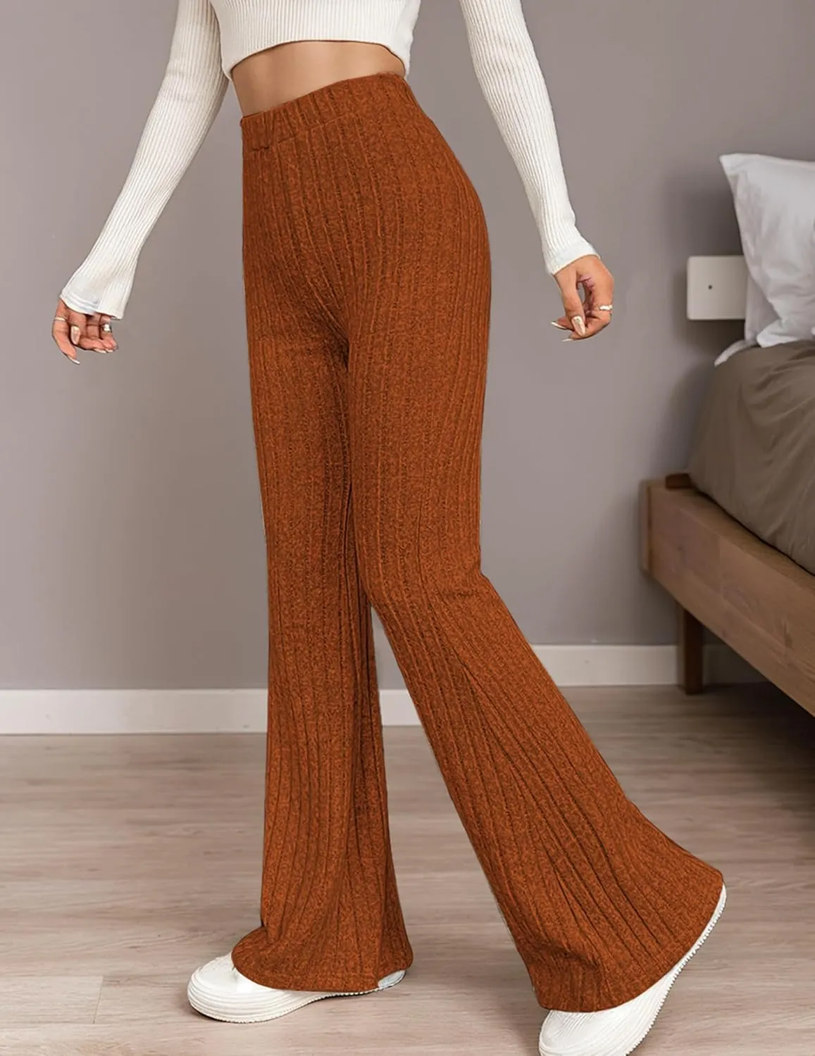 Women Flare Leggings Yoga Pants High-Waisted Casual Lounge Pants Ribbed Comfy Leggings