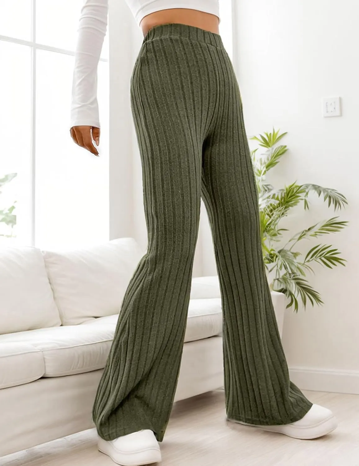 Women Flare Leggings Yoga Pants High-Waisted Casual Lounge Pants Ribbed Comfy Leggings
