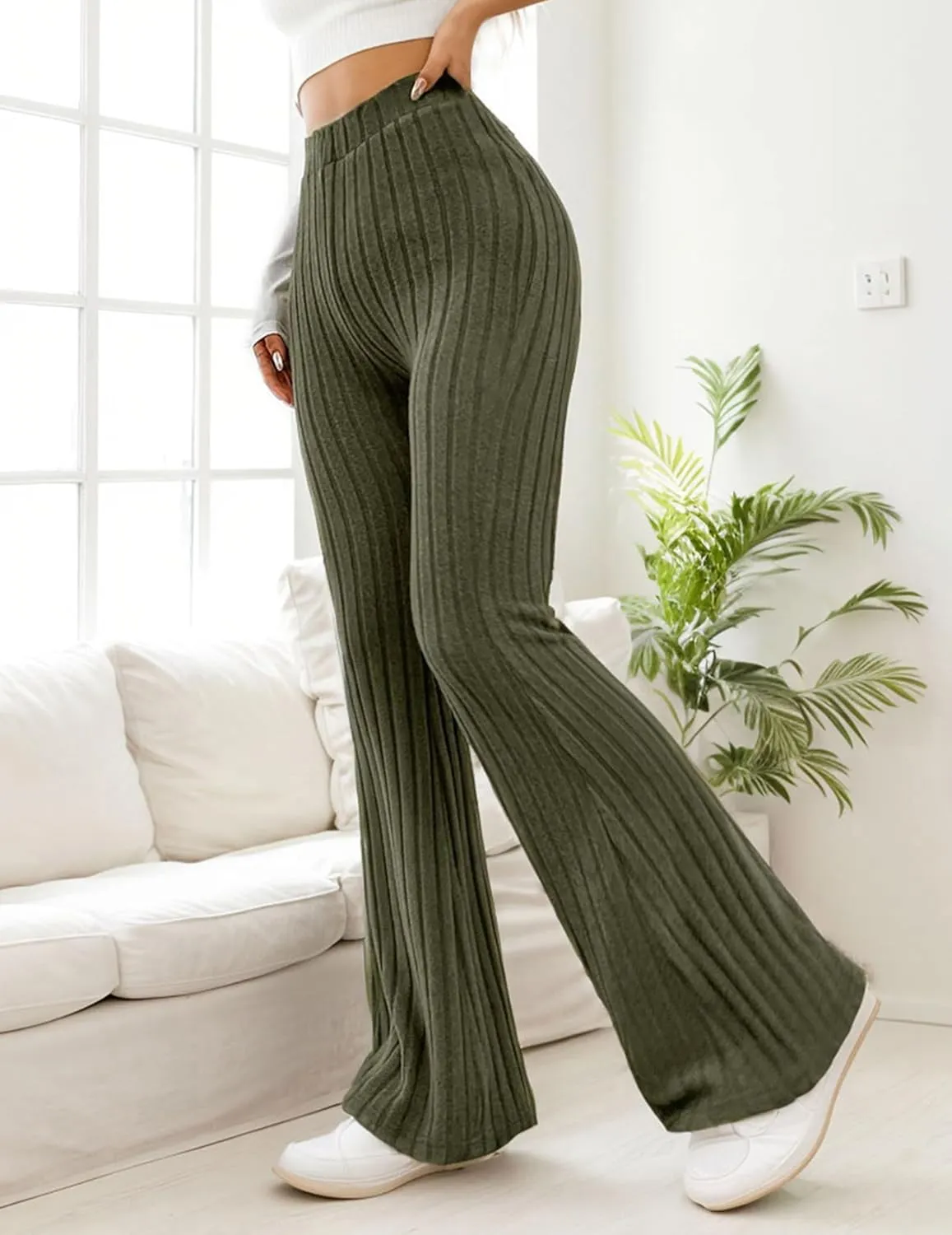 Women Flare Leggings Yoga Pants High-Waisted Casual Lounge Pants Ribbed Comfy Leggings