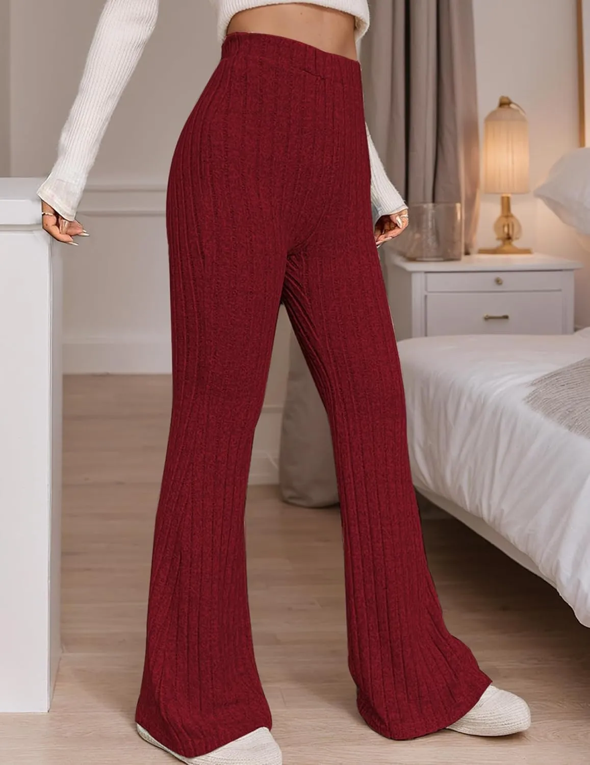 Women Flare Leggings Yoga Pants High-Waisted Casual Lounge Pants Ribbed Comfy Leggings