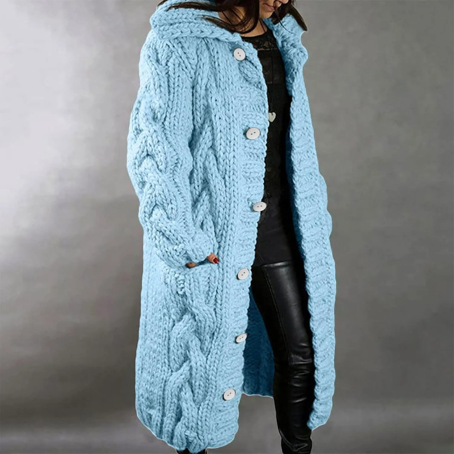 Women Hooded Long Cardigan Sweater with Hoods Knitted Cute Chunky Sweaters Maxi Long Fall Winter Button Down Knit Outwear