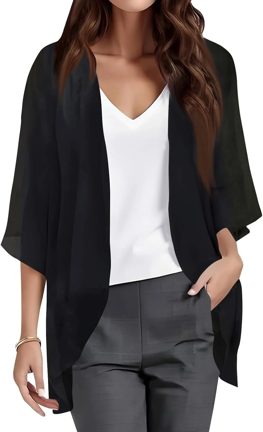 Women Kimono Cardigans 3/4 Length Sleeve Loose Fit Beach Cover Ups Summer Casual Boho Open Front Chiffon Swimwear