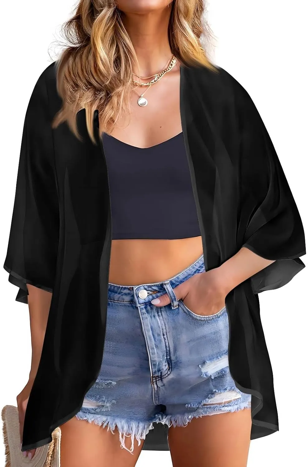 Women Kimono Cardigans 3/4 Length Sleeve Loose Fit Beach Cover Ups Summer Casual Boho Open Front Chiffon Swimwear