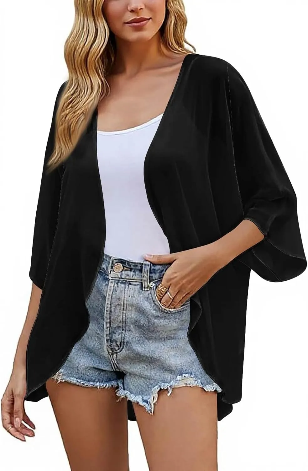 Women Kimono Cardigans 3/4 Length Sleeve Loose Fit Beach Cover Ups Summer Casual Boho Open Front Chiffon Swimwear