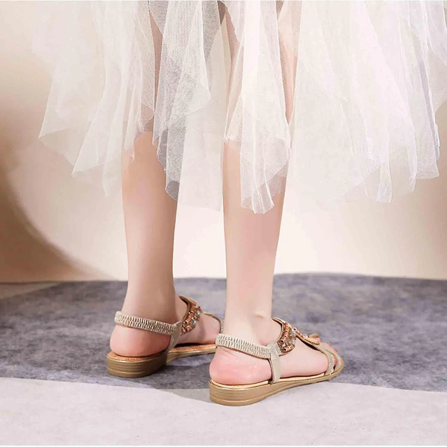 Women Sandals Comfortable Flat Sandal Summer Dressy Slip-on Casual Beach Shoes Bohemian Ankle Elastic Flats Footwear