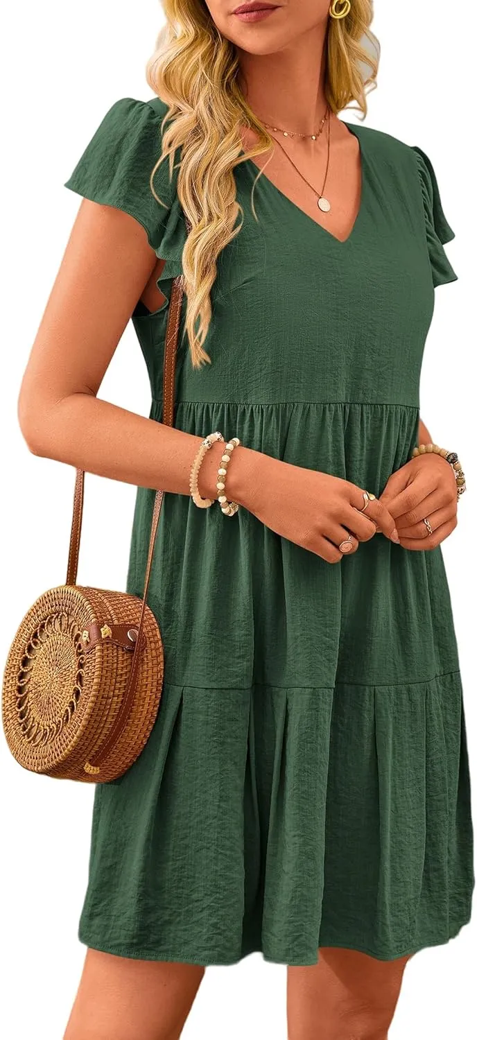 Women Summer Dresses Casual Ruffle Sleeve V Neck Tiered Dress Swing Flowy A Line Beach Dresses