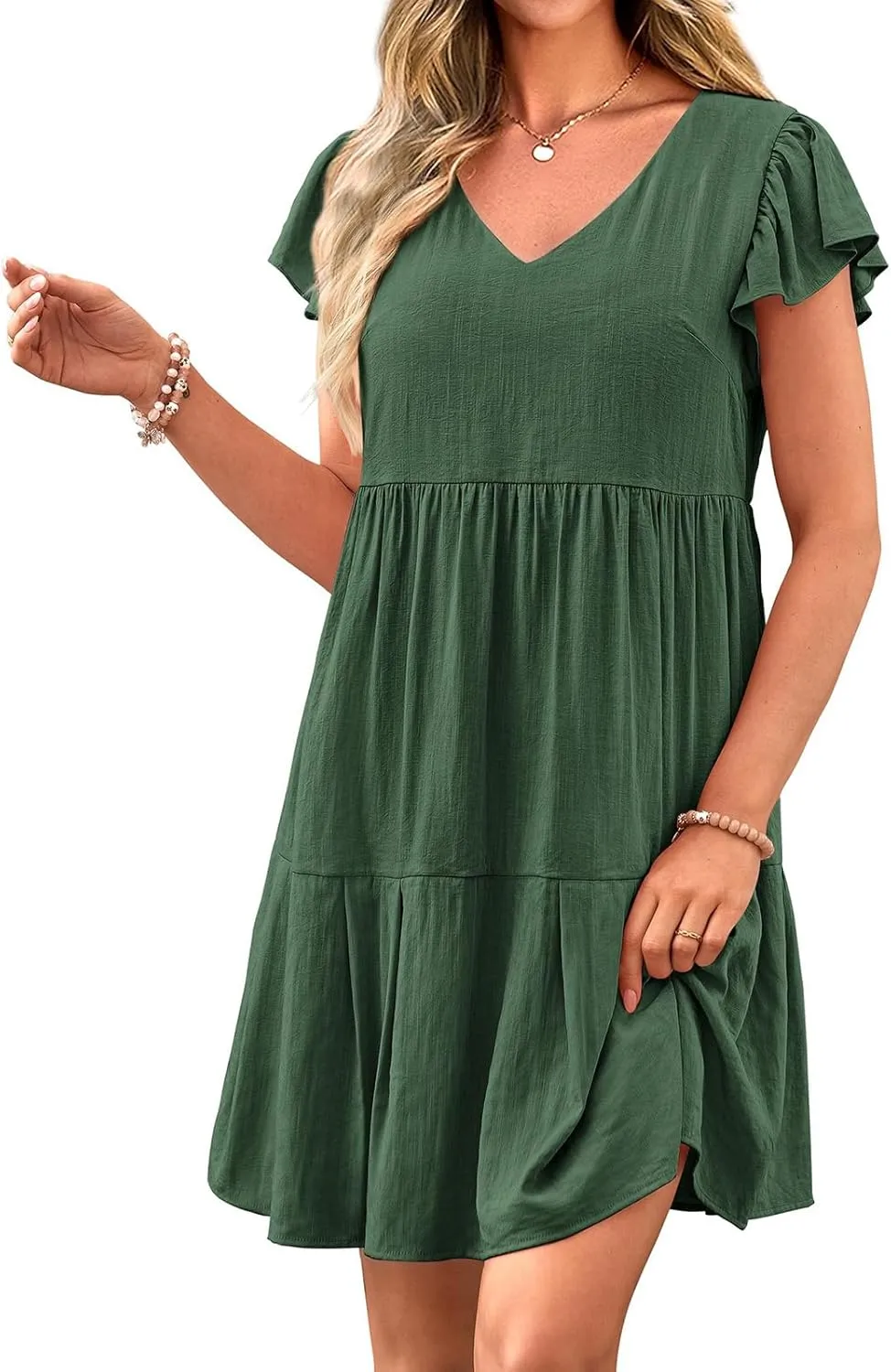 Women Summer Dresses Casual Ruffle Sleeve V Neck Tiered Dress Swing Flowy A Line Beach Dresses