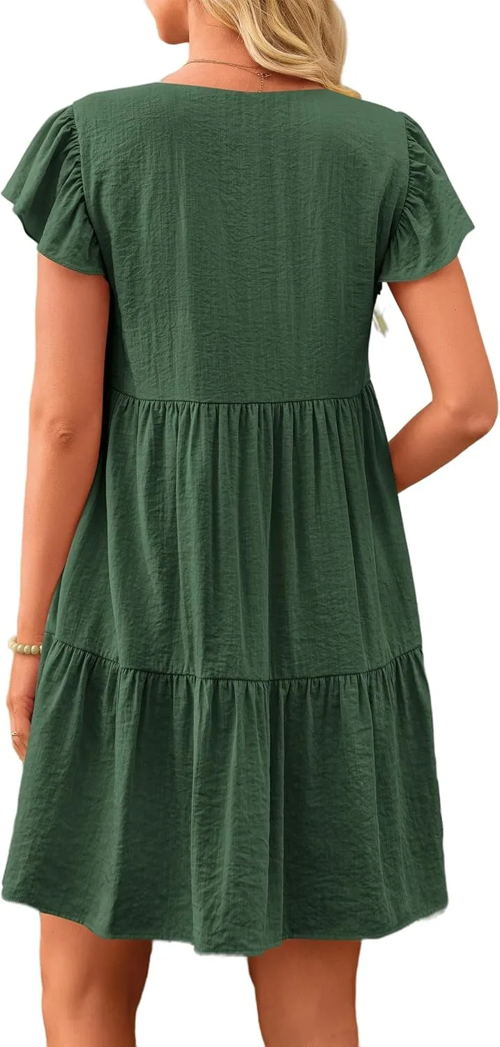 Women Summer Dresses Casual Ruffle Sleeve V Neck Tiered Dress Swing Flowy A Line Beach Dresses