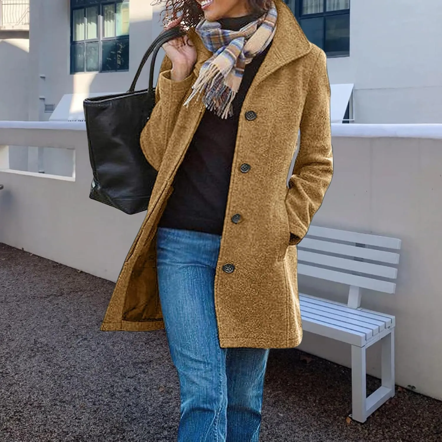 Women Winter Long Pea Coat Wool Blend Stand Collar Coat Single Breast Thicken Blazer Jacket Casaul Jacket