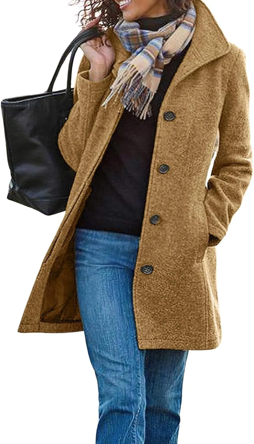 Women Winter Long Pea Coat Wool Blend Stand Collar Coat Single Breast Thicken Blazer Jacket Casaul Jacket