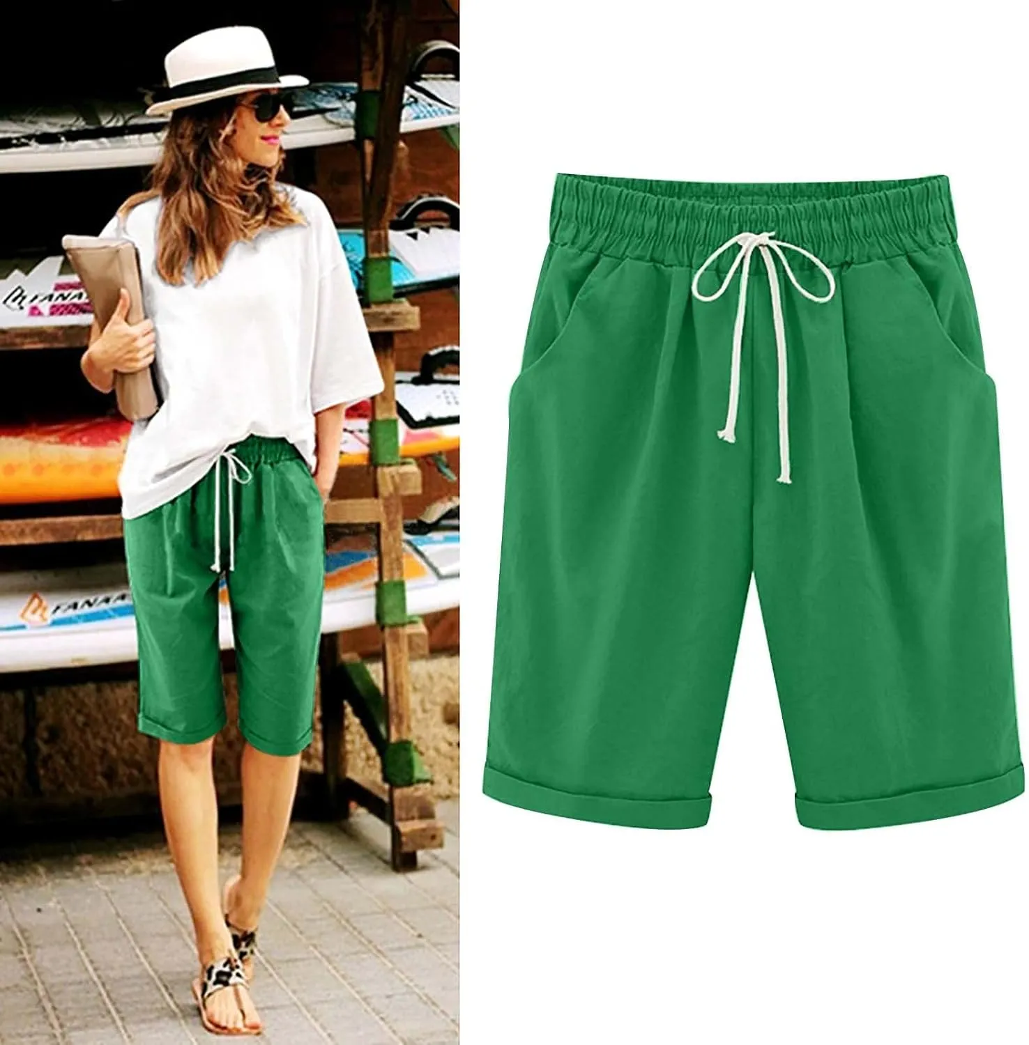 Women's Bermuda Shorts Cotton Linen Shorts with Pockets Casual Summer Beach Shorts Drawstring Elastic Waist Gym Shorts