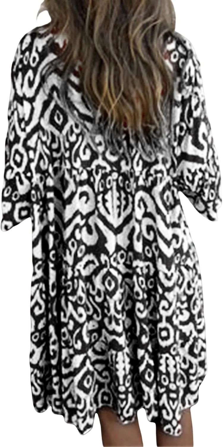 Womens Boho Dresses Midi 3/4 Sleeve V Neck Dress Casual Smocked Flowy Summer Dress Beach Vacation Dresses 2025