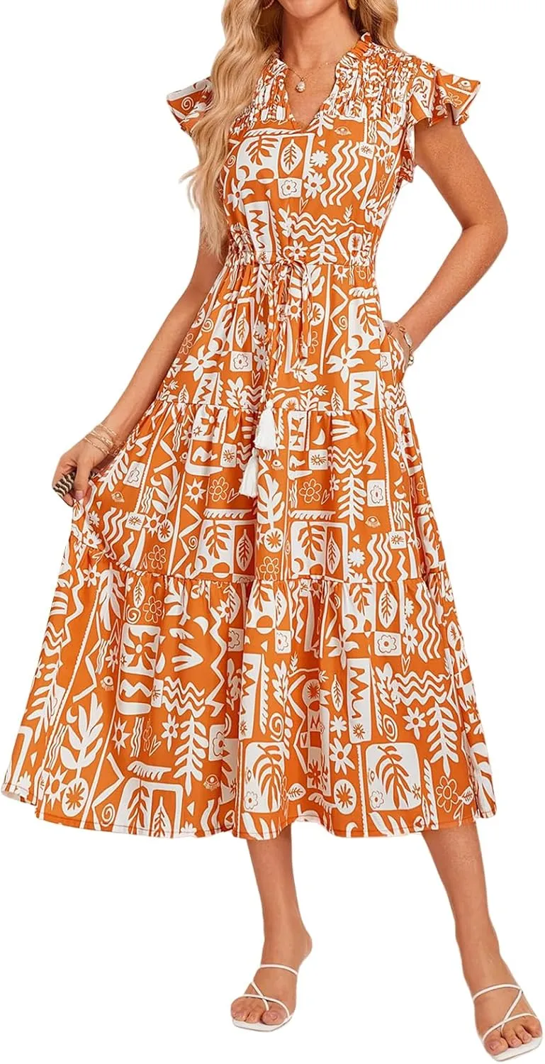 Womens Boho Dresses Summer Floral Print Maxi Dress Ruffle Cap Sleeve V Neck Dress Flowy Beach Vacation Dresses 2025