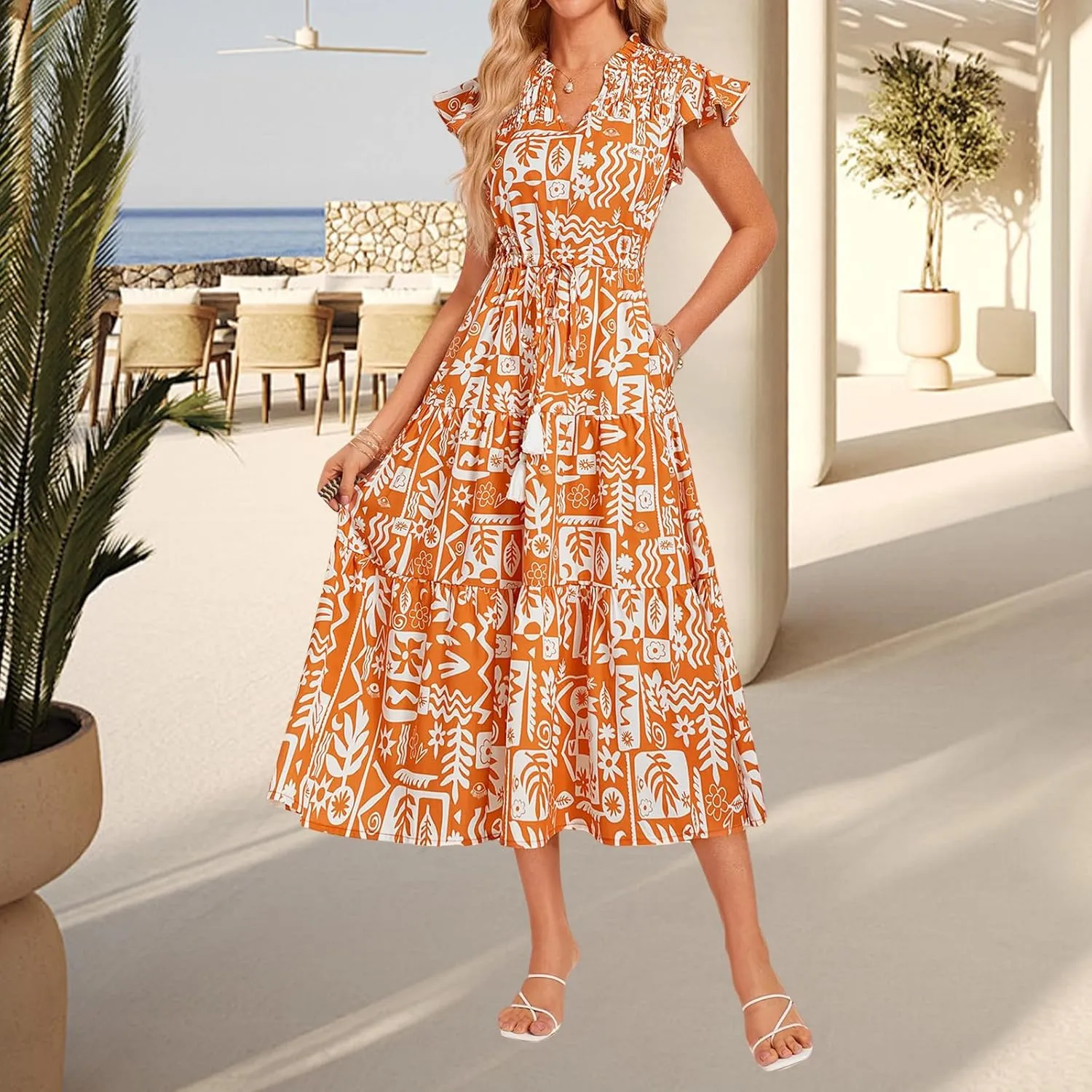 Womens Boho Dresses Summer Floral Print Maxi Dress Ruffle Cap Sleeve V Neck Dress Flowy Beach Vacation Dresses 2025