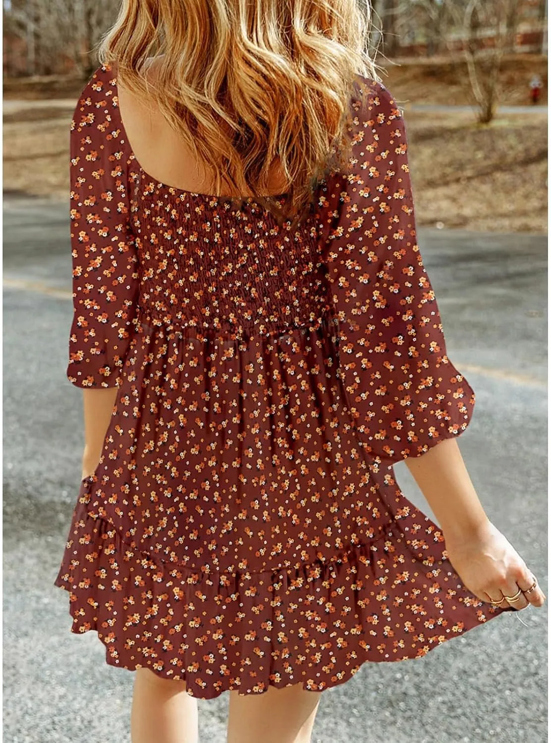 Womens Boho Floral Dresses Smocked Square Neck Puff Sleeve Dress Casual A-Line Swing Mini Vacation Dress