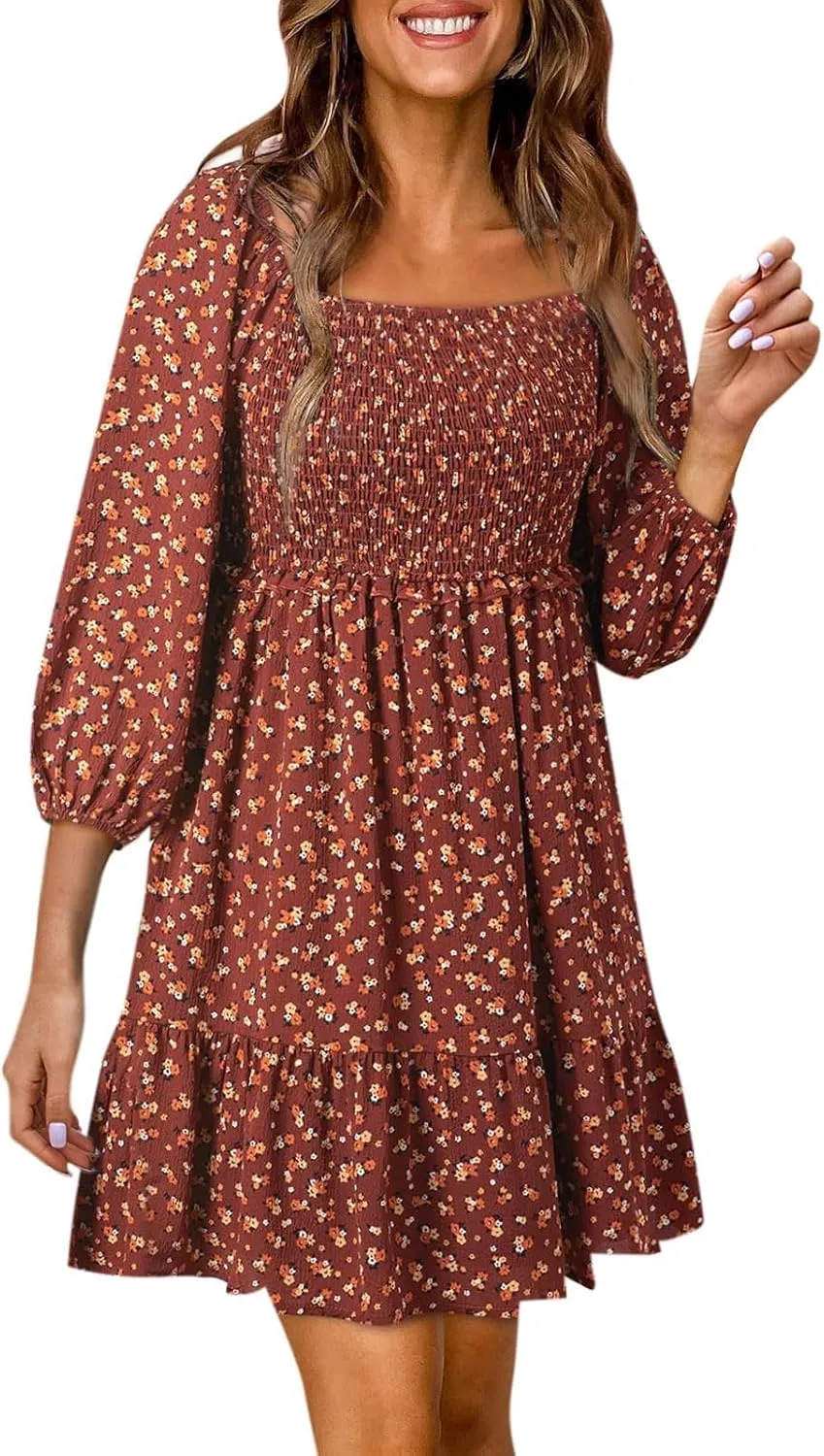 Womens Boho Floral Dresses Smocked Square Neck Puff Sleeve Dress Casual A-Line Swing Mini Vacation Dress