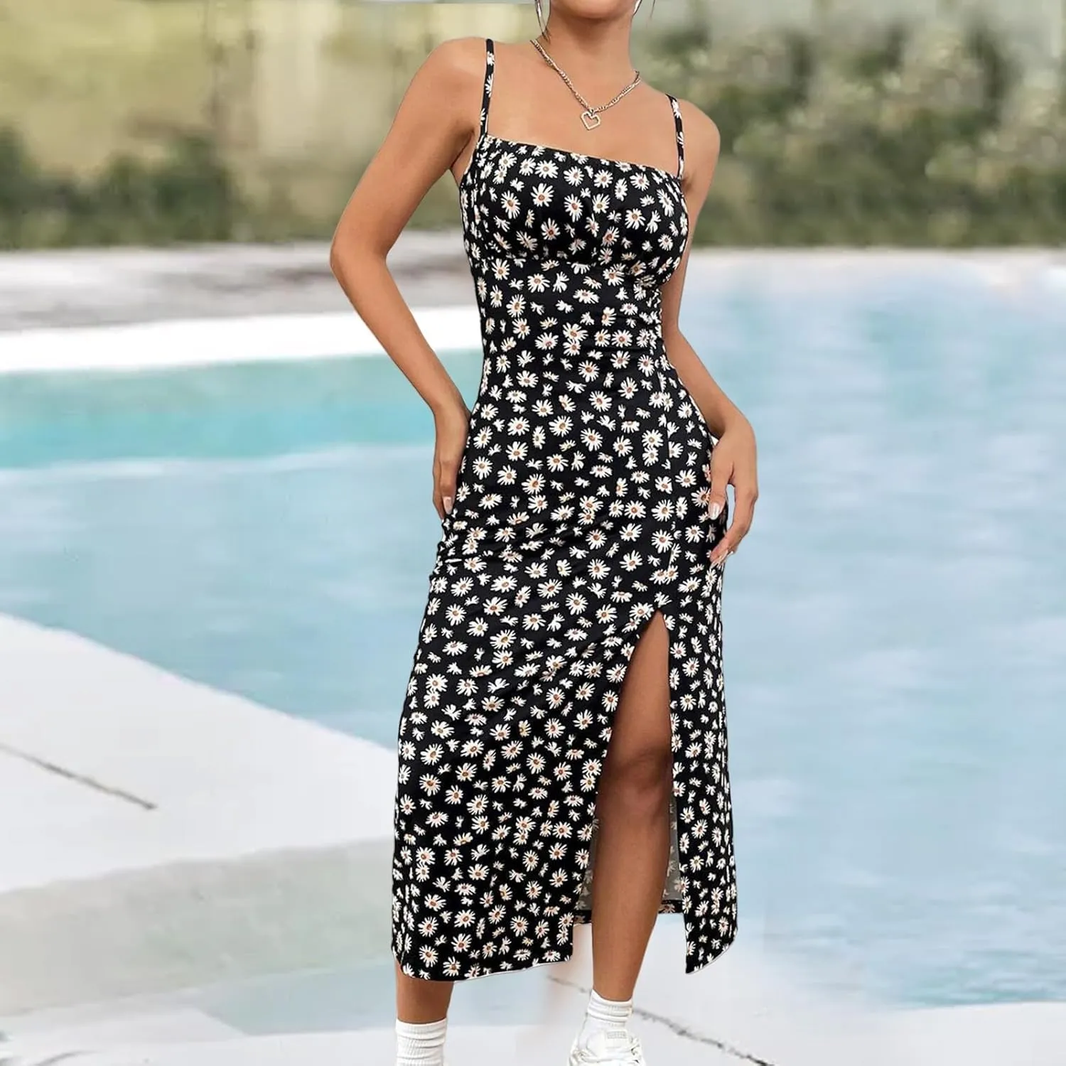 Women's Boho Midi Dresses Sexy Sleeveless Spaghetti Strap Dress Casual Slim Fit Floral Color Block Beach Sundress
