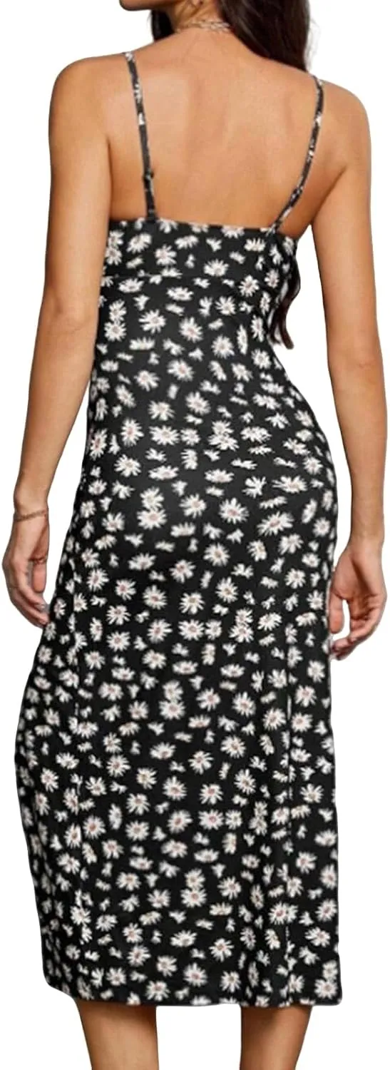 Women's Boho Midi Dresses Sexy Sleeveless Spaghetti Strap Dress Casual Slim Fit Floral Color Block Beach Sundress